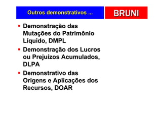 Outros demonstrativos ...   BRUNI
Demonstração das
Mutações do Patrimônio
Líquido, DMPL
Demonstração dos Lucros
ou Prejuízos Acumulados,
DLPA
Demonstrativo das
Origens e Aplicações dos
Recursos, DOAR
 