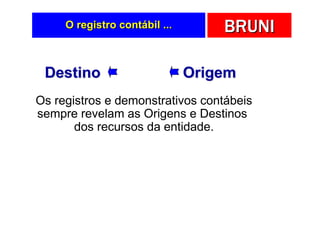 O registro contábil ...       BRUNI

 Destino                       Origem
Os registros e demonstrativos contábeis
sempre revelam as Origens e Destinos
       dos recursos da entidade.
 