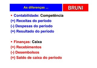 As diferenças ...        BRUNI
   Contabilidade: Competência
(+) Receitas do período
(-) Despesas do período
(=) Resultado do período

   Finanças: Caixa
(+) Recebimentos
(-) Desembolsos
(=) Saldo de caixa do período
 