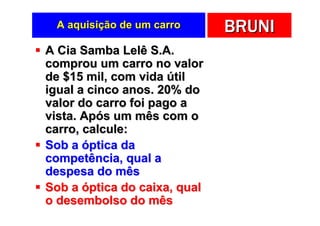 A aquisição de um carro      BRUNI
A Cia Samba Lelê S.A.
comprou um carro no valor
de $15 mil, com vida útil
igual a cinco anos. 20% do
valor do carro foi pago a
vista. Após um mês com o
carro, calcule:
Sob a óptica da
competência, qual a
despesa do mês
Sob a óptica do caixa, qual
o desembolso do mês
 