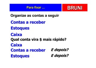 Para fixar ...           BRUNI
Organize as contas a seguir
Contas a receber
Estoques
Caixa
Qual conta vira $ mais rápido?
Caixa
Contas a receber         E depois?
Estoques                 E depois?
 