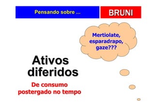 Pensando sobre ...         BRUNI

                          Mertiolate,
                         esparadrapo,
                           gaze???

   Ativos
  diferidos
    De consumo
postergado no tempo
 