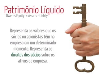 Patrimônio- Liabily
 Owerns Equity = Assets
                        Líquido
   Representa os valores que os
    sócios ou acionistas têm na
   empresa em um determinado
     momento. Representa os
    direitos dos sócios sobre os
         ativos da empresa.
 