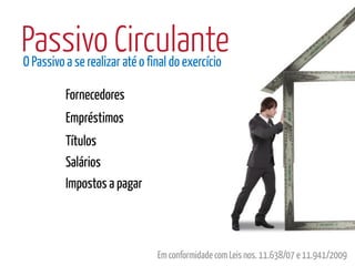 Passivo Circulante
O Passivo a se realizar até o final do exercício

          Fornecedores
          Empréstimos
          Títulos
          Salários
          Impostos a pagar



                                Em conformidade com Leis nos. 11.638/07 e 11.941/2009
 