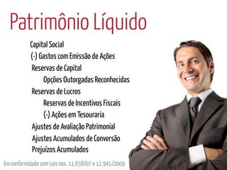 Patrimônio Líquido
           Capital Social
           (-) Gastos com Emissão de Ações
            Reservas de Capital
                Opções Outorgadas Reconhecidas
            Reservas de Lucros
                Reservas de Incentivos Fiscais
                (-) Ações em Tesouraria
            Ajustes de Avaliação Patrimonial
            Ajustes Acumulados de Conversão
            Prejuízos Acumulados
Em conformidade com Leis nos. 11.638/07 e 11.941/2009
 