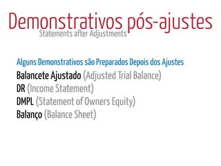 Demonstrativos pós-ajustes
   Statements after Adjustments


 Alguns Demonstrativos são Preparados Depois dos Ajustes
 Balancete Ajustado (Adjusted Trial Balance)
 DR (Income Statement)
 DMPL (Statement of Owners Equity)
 Balanço (Balance Sheet)
 