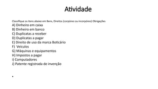Atividade
Classifique os itens abaixo em Bens, Direitos (corpóreo ou incorpóreo) Obrigações
A) Dinheiro em caixa
B) Dinheiro em banco
C) Duplicatas a receber
D) Duplicatas a pagar
E) Direito de uso da marca Boticário
F) Veículos
G) Máquinas e equipamentos
H) Impostos a pagar
i) Computadores
J) Patente registrada de invenção
•
 
