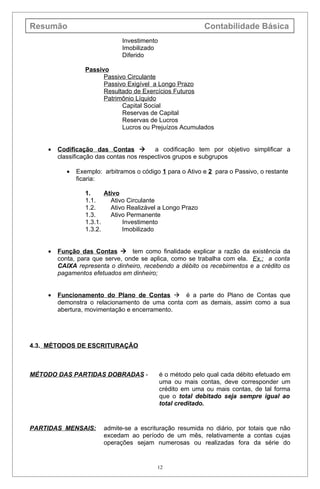 Resumão                                                      Contabilidade Básica
                               Investimento
                               Imobilizado
                               Diferido

                  Passivo
                        Passivo Circulante
                        Passivo Exigível a Longo Prazo
                        Resultado de Exercícios Futuros
                        Patrimônio Líquido
                              Capital Social
                              Reservas de Capital
                              Reservas de Lucros
                              Lucros ou Prejuízos Acumulados


    •   Codificação das Contas           a codificação tem por objetivo simplificar a
        classificação das contas nos respectivos grupos e subgrupos

           •   Exemplo: arbitramos o código 1 para o Ativo e 2 para o Passivo, o restante
               ficaria:

                  1.     Ativo
                  1.1.     Ativo Circulante
                  1.2.     Ativo Realizável a Longo Prazo
                  1.3.     Ativo Permanente
                  1.3.1.       Investimento
                  1.3.2.       Imobilizado


    •   Função das Contas  tem como finalidade explicar a razão da existência da
        conta, para que serve, onde se aplica, como se trabalha com ela. Ex.: a conta
        CAIXA representa o dinheiro, recebendo a débito os recebimentos e a crédito os
        pagamentos efetuados em dinheiro;


    •   Funcionamento do Plano de Contas  é a parte do Plano de Contas que
        demonstra o relacionamento de uma conta com as demais, assim como a sua
        abertura, movimentação e encerramento.




4.3. MÉTODOS DE ESCRITURAÇÃO



MÉTODO DAS PARTIDAS DOBRADAS -                é o método pelo qual cada débito efetuado em
                                              uma ou mais contas, deve corresponder um
                                              crédito em uma ou mais contas, de tal forma
                                              que o total debitado seja sempre igual ao
                                              total creditado.


PARTIDAS MENSAIS:       admite-se a escrituração resumida no diário, por totais que não
                        excedam ao período de um mês, relativamente a contas cujas
                        operações sejam numerosas ou realizadas fora da série do


                                           12
 