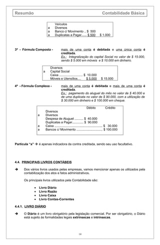 Resumão                                                                         Contabilidade Básica

                                   Veículos
                           a       Diversos
                           a       Banco c/ Movimento .. $ 500
                           a       Duplicatas a Pagar...... $ 500            $ 1.000



3ª - Fórmula Composta -                  mais de uma conta é debitada e uma única conta é
                                         creditada.
                                         Ex.: Integralização do capital Social no valor de $ 15.000,
                                         sendo $ 5.000 em móveis e $ 10.000 em dinheiro.

                               Diversos
                     a         Capital Social
                               Caixa ........................... $ 10.000
                               Móveis e Utensílios....             $ 5.000     $ 15.000

4ª - Fórmula Complexa -                  mais de uma conta é debitada e mais de uma conta é
                                         creditada.
                                         Ex.: pagamento do aluguel do mês no valor de $ 40.000 e
                                         de uma duplicata no valor de $ 90.000, com a utilização de
                                         $ 30.000 em dinheiro e $ 100.000 em cheque.

                                                                Débito             Crédito
                         Diversos
                 a       Diversos
                         Despesa de Aluguel .......... $ 40.000
                         Duplicatas a Pagar............. $ 90.000
                 a       Caixa ....................................................... $ 30.000
                 a       Bancos c/ Movimento .............................. $ 100.000



Partícula “a”  é apenas indicadora da contra creditada, sendo seu uso facultativo.




4.4. PRINCIPAIS LIVROS CONTÁBEIS

     Dos vários livros usados pelas empresas, vamos mencionar apenas os utilizados pela
      contabilização dos atos e fatos administrativos.

      Os principais livros utilizados pela Contabilidade são:

             •   Livro Diário
             •   Livro Razão
             •   Livro Caixa
             •   Livro Contas-Correntes

4.4.1. LIVRO DIÁRIO

     O Diário é um livro obrigatório pela legislação comercial. Por ser obrigatório, o Diário
      está sujeito às formalidades legais extrínsecas e intrínsecas.




                                                         14
 