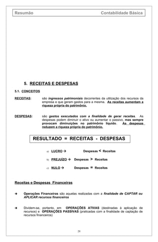 Resumão                                                 Contabilidade Básica




     5. RECEITAS E DESPESAS
5.1. CONCEITOS

RECEITAS:        são ingressos patrimoniais decorrentes da utilização dos recursos da
                 empresa e que geram gastos para a mesma. As receitas aumentam a
                 riqueza própria do patrimônio.


DESPESAS:        são gastos executados com a finalidade de gerar receitas. As
                 despesas podem diminuir o ativo ou aumentar o passivo, mas sempre
                 provocam diminuições no patrimônio líquido.          As despesas
                 reduzem a riqueza própria do patrimônio.


            RESULTADO = RECEITAS - DESPESAS

                    a)   LUCRO              Despesas < Receitas

                    b)   PREJUÍZO    Despesas   >   Receitas

                    c)   NULO        Despesas   =   Receitas



Receitas e Despesas Financeiras

    Operações Financeiras são aquelas realizadas com a finalidade de CAPTAR ou
     APLICAR recursos financeiros


    Dividem-se, portanto, em OPERAÇÕES ATIVAS (destinadas à aplicação de
     recursos) e OPERAÇÕES PASSIVAS (praticadas com a finalidade de captação de
     recursos financeiros)




                                        20
 