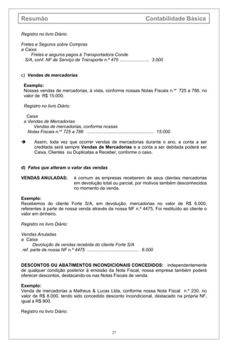 Resumão                                                                      Contabilidade Básica

Registro no livro Diário:

Fretes e Seguros sobre Compras
a Caixa
     Fretes e seguros pagos à Transportadora Conde
  S/A, conf. NF de Serviço de Transporte n.º 475 ........................ 3.000


c) Vendas de mercadorias

 Exemplo:
 Nossas vendas de mercadorias, à vista, conforme nossas Notas Fiscais n.os 725 a 786, no
 valor de R$ 15.000.

 Registro no livro Diário:

  Caixa
 a Vendas de Mercadorias
     Vendas de mercadorias, conforme nossas
   Notas Fiscais n.os 725 a 786 ...................................................... 15.000

       Assim, toda vez que ocorrer vendas de mercadorias durante o ano, a conta a ser
        creditada será sempre Vendas de Mercadorias e a conta a ser debitada poderá ser
        Caixa, Clientes ou Duplicatas a Receber, conforme o caso.


d) Fatos que alteram o valor das vendas

VENDAS ANULADAS:                é comum as empresas receberem de seus clientes mercadorias
                                em devolução total ou parcial, por motivos também desconhecidos
                                no momento da venda.

Exemplo:
Recebemos do cliente Forte S/A, em devolução, mercadorias no valor de R$ 6.000,
referentes à parte de nossa venda através da nossa NF n.º 4475. Foi restituído ao cliente o
valor em dinheiro.

Registro no livro Diário:

Vendas Anuladas
a Caixa
       Devolução de vendas recebida do cliente Forte S/A
 ref. parte de nossa NF n.º 4475 .......................................... 6.000


DESCONTOS OU ABATIMENTOS INCONDICIONAIS CONCEDIDOS: independentemente
de qualquer condição posterior à emissão da Nota Fiscal, nossa empresa também poderá
oferecer descontos, destacando-os nas Notas Fiscais de venda.

Exemplo:
Venda de mercadorias a Matheus & Lucas Ltda, conforme nossa Nota Fiscal n.º 230, no
valor de R$ 8.000, tendo sido concedido desconto incondicional, destacado na própria NF,
igual a R$ 800.

Registro no livro Diário:



                                                        27
 