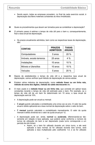 Resumão                                                     Contabilidade Básica

    •   Sendo assim, todas as empresas procedem, no final de cada exercício social, à
        depreciação dos Bens materiais constantes do Ativo Imobilizado.




   Quais os procedimentos que devem ser tomados para se contabilizar a depreciação?

   O primeiro passo é estimar o tempo de vida útil para o bem e, consequentemente,
    fixar a taxa anual de depreciação.


    •   Os prazos anualmente admitidos, bem como as respectivas taxas de depreciação,
        são:

                                                PRAZOS         TAXAS
            CONTAS
                                               ADMITIDOS       ANUAIS
            Computadores                          5 anos        20 %
            Imóveis, exceto terrenos              25 anos        4%
            Instalações                           10 anos       10 %
            Móveis e Utensílios                   10 anos       10 %
            Veículos                              5 anos        20 %

   Depois de estabelecidos o tempo de vida útil e a respectiva taxa anual de
    depreciação, vamos verificar qual método de depreciação de vemos adotar.

   Existem vários métodos de depreciação, como método linear ou em linha reta,
    método da soma dos dígitos, método do saldo decrescente etc.

   O mais usado é o método linear ou em linha reta, que consiste em aplicar taxas
    constantes durante o tempo de vida útil estimado para o bem. Por exemplo, se o
    tempo de vida útil de um bem foi determinado em 10 anos, a taxa anual de
    depreciação será de 10%.

    •   A depreciação pode ser anual ou mensal.

    •   É anual quando calculada e contabilizada uma única vez ao ano. O valor da quota
        anual é obtido aplicando-se a taxa normal de depreciação sobre o valor do bem.

    •   É mensal quando calculado e contabilizado mensalmente. O valor da quota
        mensal é obtido dividindo-se o valor da quota anual por 12.

    •   A depreciação pode ser, ainda, normal ou acelerada, diferenciando-se tão-
        somente em relação à taxa aplicada, que poderá variar conforme o número de
        turnos de utilização do bem a ser depreciado (cada turno corresponde a um
        período de oito horas).
                • Assim, se o bem for utilizado durante um único turno, a ele será
                   aplicada a taxa normal; se for utilizado durante dois turnos, será
                   aplicada a taxa multiplicada pelo coeficiente 1,5; e se for utilizado



                                          54
 
