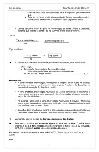 Resumão                                                                    Contabilidade Básica
                          durante três turnos, será aplicada a taxa multiplicada pelo coeficiente
                          2,0.
                     •    Para se conhecer o valor da depreciação do bem em cada exercício,
                          basta aplicar a taxa sobre o valor desse bem. Veja como é fácil:



        •    Vamos calcular o valor da quota de depreciação da conta Móveis e Utensílios,
             sabendo que o saldo da conta é de R$ 50.000 e a taxa anual é de 10%.

Temos:

            Taxa x valor do bem =                  quota de depreciação
                   100

Veja os cálculos:


                         10 x 50.000           =        R$ 5.000
                           100
       A contabilização da quota de depreciação é feita através do seguinte lançamento:

                Depreciação
                a Depreciação Acumulada de Móveis e Utensílios
                     Depreciação anual sobre Móveis e Utensílios pela taxa
                  De 10% a.a., ref. a esse período ........................................................ 5.000


Observações:
     • A conta debitada, Depreciação, corresponde à despesa ou ao custo do período;
        portanto, seu saldo será transferido para a conta Resultado do Exercício, no
        momento da apuração do Resultado Líquido.

        •    A conta creditada, Depreciação Acumulada de Móveis e Utensílios, é patrimonial e
             representará, sempre, o valor acumulado das depreciações efetuadas durante o
             tempo de vida útil do bem.

        •    No Balanço Patrimonial, a conta Depreciação Acumulada de Móveis e Utensílios
             aparecerá do lado do Ativo como conta retificadora da conta do Ativo Permanente
             que serviu de base para seu cálculo.

        •    Quando o bem for adquirido durante o ano, a taxa de depreciação do referido ano
             deverá ser proporcional ao número de meses durante o qual o bem foi utilizado.


       Vamos falar sobre o método de depreciação da soma dos dígitos:

       Este método consiste em somar os dígitos da vida útil do bem. O valor assim
        encontrado será o denominador. O numerador será o dígito do ano ou o inverso,
        conforme se está em quotas crescentes ou decrescentes.

Por exemplo, uma máquina com o valor de R$ 30.000,00 será depreciada em 5 anos.
Assim:

Ano 1


                                                       55
 
