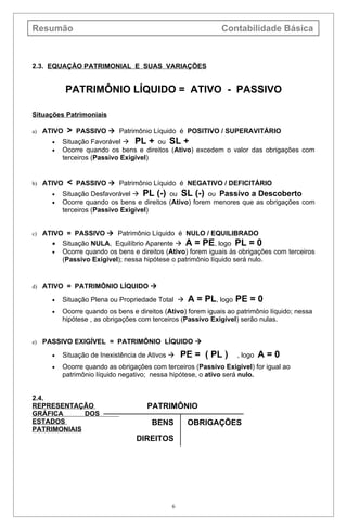 Resumão                                                         Contabilidade Básica



2.3. EQUAÇÃO PATRIMONIAL E SUAS VARIAÇÕES


             PATRIMÔNIO LÍQUIDO = ATIVO - PASSIVO

Situações Patrimoniais

a)   ATIVO   >   PASSIVO  Patrimônio Líquido é POSITIVO / SUPERAVITÁRIO
        •   Situação Favorável  PL + ou SL +
        •   Ocorre quando os bens e direitos (Ativo) excedem o valor das obrigações com
            terceiros (Passivo Exigível)


b)   ATIVO   <   PASSIVO  Patrimônio Líquido é NEGATIVO / DEFICITÁRIO
        •   Situação Desfavorável  PL (-) ou SL (-) ou Passivo a Descoberto
        •   Ocorre quando os bens e direitos (Ativo) forem menores que as obrigações com
            terceiros (Passivo Exigível)


c)   ATIVO = PASSIVO  Patrimônio Líquido é NULO / EQUILIBRADO
       • Situação NULA, Equilíbrio Aparente  A = PE, logo PL = 0
       • Ocorre quando os bens e direitos (Ativo) forem iguais às obrigações com terceiros
          (Passivo Exigível); nessa hipótese o patrimônio líquido será nulo.


d)   ATIVO = PATRIMÔNIO LÍQUIDO 
        •   Situação Plena ou Propriedade Total     A = PL, logo PE = 0
        •   Ocorre quando os bens e direitos (Ativo) forem iguais ao patrimônio líquido; nessa
            hipótese , as obrigações com terceiros (Passivo Exigível) serão nulas.


e)   PASSIVO EXIGÍVEL = PATRIMÔNIO LÍQUIDO 
        •   Situação de Inexistência de Ativos    PE = ( PL )       , logo   A=0
        •   Ocorre quando as obrigações com terceiros (Passivo Exigível) for igual ao
            patrimônio líquido negativo; nessa hipótese, o ativo será nulo.


2.4.
REPRESENTAÇÃO                          PATRIMÔNIO
GRÁFICA      DOS
ESTADOS                                  BENS        OBRIGAÇÕES
PATRIMONIAIS
                                    DIREITOS




                                               6
 