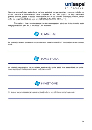 23
Somente pessoas físicas podem tomar parte na sociedade em nome coletivo, respondendo todos os
sócios, solidária e ilimitadamente, pelas obrigações sociais. Sem prejuízo da responsabilidade
perante terceiros, podem os sócios, no ato constitutivo, ou por unânime convenção posterior, limitar
entre si a responsabilidade de cada um. (IUDÍCIBUS; MARION, 2019, p. 11)
É formada por duas ou mais pessoas físicas que respondem, solidária e ilimitadamente, pelas
obrigações sociais. (Art. 1.039 do Código Civil Brasileiro)
Os tipos de sociedades empresárias são caracterizados pela sua constituição e limitadas pelo seu faturamento
anual.
As principais características das sociedades anônimas são capital social, livre acessibilidade de capital,
responsabilidade limitada dos acionistas e essência mercantil.
Os tipos de faturamento das empresas comerciais brasileiras com o limite de receita bruta anual.
 