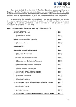 71
Para esse resultado é preciso partir do Resultado Operacional Líquido subtraindo-se as
Despesas e Receitas Financeiras e sua contabilização está aparada pelo CPC 32 – Tributos sobre
o Lucro. Na legislação brasileira, os tributos refletem uma taxa alta sobre os resultados da empresa.
A alíquota média do Imposto de Renda (IR) é de 25% e para a Contribuição Social (CS) é de 9%.
A apresentação dos resultados em operacionais e não operacionais passa a não ser mais
demonstrada separadamente, a partir da inserção da Lei nº 11.941/09, art. 187, inciso IV, e essa
separação de resultados operacionais e não operacionais não está prevista nas normas
internacionais de contabilidade desde 2008.
9.2.1.5 Resultado após o Imposto de renda e a Contribuição Social
RECEITA OPERACIONAL
(–) Deduções de Vendas
RECEITA OPERACIONAL LÍQUIDA
(–) Custo das Vendas
LUCRO BRUTO
Despesas e Receitas Operacionais
(–) Despesas Operacionais
(–) Outras Despesas Operacionais
(–) Despesas com Equivalência Patrimonial
(+) Receita com Equivalência Patrimonial
(+) Outras Receitas Operacionais
(=) RESULTADO OPERACIONAL LÍQUIDO
(–) Despesas Financeiras
(+) Receitas Financeiras
(=) RESULTADO ANTES DOS TRIBUTOS SOBRE O LUCRO
(–) Contribuição Social
(–) Imposto de Renda
(=) RESULTADO LÍQUIDO DAS OPERAÇÕES CONTINUADAS
$$$$
($$$$)
$$$$
($$$$)
$$$$
$$$$
($$$$)
($$$$)
($$$$)
$$$$
$$$$
$$$$
($$$$)
$$$$
$$$$
($$$$)
($$$$)
$$$$
 