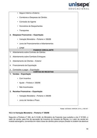 90
• Seguro Interno e Externo
• Corretores e Despesas de Câmbio
• Comissão de Agente
• Honorários de Despachantes
• Transportes
2. Despesas Financeiras – Exportação
• Variação Monetária – Portaria no
356/88
• Juros de Financiamentos e Adiantamentos
• CPMF
PASSIVO CIRCULANTE
1. Adiantamento sobre Contrato de Câmbio
2. Adiantamento sobre Cambiais Entregues
3. Adiantamento de Clientes – Exterior
4. Financiamento de Exportação
5. Comissões a pagar – Exportação
CONTAS DE RECEITAS
1. Vendas – Exportação
• Com Incentivo
• Ajuste – Portaria nº
356/88
• Não Incentivados
2. Receitas Financeiras – Exportação
• Variação Monetária – Portaria no
356/88
• Juros de Vendas a Prazo
Fonte: IUDÍCIBUS; MARION; 2019, p. 406-407.
10.3.1.4 Variação Monetária – Portaria nº 356/88
Segundo a Portaria nº 356, de 5-12-88, do Ministério da Fazenda (que substitui a de nº 81/82), o
valor da venda, para fins de apuração de incentivo do Imposto de Renda, é o valor da venda em
moeda estrangeira, convertida em reais à taxa de câmbio para compra (fixada no boletim de abertura
 