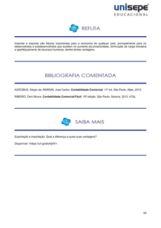 94
Importar e exportar são fatores importantes para a economia de qualquer país, principalmente para os
desenvolvidos e subdesenvolvidos que auxiliam no aumento da produtividade, diminuição da carga tributária
e aperfeiçoamento de recursos humanos, dentre tantas vantagens.
IUDÍCIBUS, Sérgio de; MARION, José Carlos. Contabilidade Comercial. 11ª ed. São Paulo: Atlas, 2019.
RIBEIRO, Osni Moura. Contabilidade Comercial Fácil. 18ª edição. São Paulo: Saraiva, 2013, 472p.
Exportação e importação: Qual a diferença e quais suas vantagens?
Disponível: <https://url.gratis/kIj4V>.
 