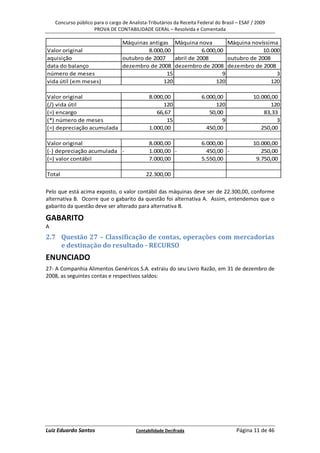 Concurso público para o cargo de Analista-Tributários da Receita Federal do Brasil – ESAF / 2009
                     PROVA DE CONTABILIDADE GERAL – Resolvida e Comentada

                                  Máquinas antigas Máquina nova           Máquina novíssima
Valor original                             8.000,00             6.000,00               10.000
aquisição                         outubro de 2007    abril de 2008        outubro de 2008
data do balanço                   dezembro de 2008 dezembro de 2008 dezembro de 2008
número de meses                                   15                    9                   3
vida útil (em meses)                             120                 120                  120

Valor original                                8.000,00                6.000,00                10.000,00
(/) vida útil                                       120                    120                      120
(=) encargo                                      66,67                   50,00                    83,33
(*) número de meses                                  15                       9                        3
(=) depreciação acumulada                     1.000,00                  450,00                   250,00

Valor original                                8.000,00                6.000,00                10.000,00
(-) depreciação acumulada -                   1.000,00 -                450,00 -                 250,00
(=) valor contábil                            7.000,00                5.550,00                 9.750,00

Total                                        22.300,00

Pelo que está acima exposto, o valor contábil das máquinas deve ser de 22.300,00, conforme
alternativa B. Ocorre que o gabarito da questão foi alternativa A. Assim, entendemos que o
gabarito da questão deve ser alterado para alternativa B.

GABARITO
A
2.7 Questão 27 – Classificação de contas, operações com mercadorias
    e destinação do resultado - RECURSO
ENUNCIADO
27- A Companhia Alimentos Genéricos S.A. extraiu do seu Livro Razão, em 31 de dezembro de
2008, as seguintes contas e respectivos saldos:




Luiz Eduardo Santos                     Contabilidade Decifrada                       Página 11 de 46
 