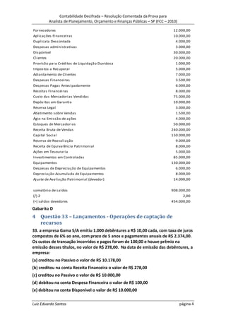Contabilidade Decifrada – Resolução Comentada da Prova para
           Analista de Planejamento, Orçamento e Finanças Públicas – SP (FCC – 2010)

Fornecedores                                                                     12.000,00
Aplicações Financeiras                                                           10.000,00
Duplicata Descontada                                                               4.000,00
Despesas administrativas                                                           3.000,00
Dispónível                                                                       30.000,00
Clientes                                                                         20.000,00
Provisão para Créditos de Liquidação Duvidosa                                      1.000,00
Impostos a Recuperar                                                               5.000,00
Adiantamento de Clientes                                                           7.000,00
Despesas Financeiras                                                               3.500,00
Despesas Pagas Antecipadamente                                                     6.000,00
Receitas Financeiras                                                               8.000,00
Custo das Mercadorias Vendidas                                                   75.000,00
Depósitos em Garantia                                                            10.000,00
Reserva Legal                                                                      3.000,00
Abatimento sobre Vendas                                                            1.500,00
Ágio na Emissão de ações                                                           4.000,00
Estoques de Mercadorias                                                          50.000,00
Receita Bruta de Vendas                                                         240.000,00
Capital Social                                                                  150.000,00
Reserva de Reavaliação                                                             9.000,00
Receita de Equivalência Patrimonial                                                8.000,00
Ações em Tesouraria                                                                5.000,00
Investimentos em Controladas                                                     85.000,00
Equipamentos                                                                    130.000,00
Despesas de Depreciação de Equipamentos                                            6.000,00
Depreciação Acumulada de Equipamentos                                              8.000,00
Ajuste de Avaliação Patrimonial (devedor)                                        14.000,00


somatório de saldos                                                             908.000,00
(/) 2                                                                                    2,00
(=) saldos devedores                                                            454.000,00

Gabarito D
4 Questão 33 – Lançamentos - Operações de captação de
  recursos
33. a empresa Gama S/A emitiu 1.000 debêntures a R$ 10,00 cada, com taxa de juros
compostos de 6% ao ano, com prazo de 5 anos e pagamentos anuais de R$ 2.374,00.
Os custos de transação incorridos e pagos foram de 100,00 e houve prêmio na
emissão desses títulos, no valor de R$ 278,00. Na data de emissão das debêntures, a
empresa:
(a) creditou no Passivo o valor de R$ 10.178,00
(b) creditou na conta Receita Financeira o valor de R$ 278,00
(c) creditou no Passivo o valor de R$ 10.000,00
(d) debitou na conta Despesa Financeira o valor de R$ 100,00
(e) debitou na conta Disponível o valor de R$ 10.000,00


Luiz Eduardo Santos                                                                    página 4
 