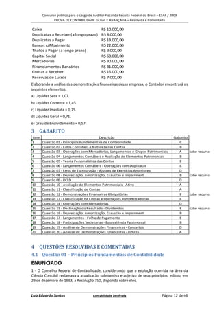 Concurso público para o cargo de Auditor-Fiscal da Receita Federal do Brasil – ESAF / 2009
              PROVA DE CONTABILIDADE GERAL E AVANÇADA – Resolvida e Comentada

Caixa                                         R$ 10.000,00
Duplicatas a Receber (a longo prazo)          R$ 8.000,00
Duplicatas a Pagar                            R$ 13.000,00
Bancos c/Movimento                            R$ 22.000,00
Títulos a Pagar (a longo prazo)               R$ 9.000,00
Capital Social                                R$ 60.000,00
Mercadorias                                   R$ 30.000,00
Financiamentos Bancários                      R$ 31.000,00
Contas a Receber                              R$ 15.000,00
Reservas de Lucros                            R$ 7.000,00
Elaborando a análise das demonstrações financeiras dessa empresa, o Contador encontrará os
seguintes elementos:
a) Liquidez Seca = 1,07.
b) Liquidez Corrente = 1,45.
c) Liquidez Imediata = 1,75.
d) Liquidez Geral = 0,71.
e) Grau de Endividamento = 0,57.

3 GABARITO
Item                                        Descrição                                         Gabarito
1      Questão 01 - Princípios Fundamentais de Contabilidade                                     C
2      Questão 02 - Fatos Contábeis e Natureza das Contas                                        B
3      Questão 03 - Operações com Mercadorias, Lançamentos e Grupos Patrimoniais                 A       cabe recurso
4      Questão 04 - Lançamentos Contábeis e Avaliação de Elementos Patrimoniais                  B
5      Questão 05 - Teoria Personalística das Contas                                             E
6      Questão 06 - Lançamentos Contábeis - Operações com Duplicatas                             C
7      Questão 07 - Erros de Escrituração - Ajustes de Exercícios Anteriores                     D
8      Questão 08 - Depreciação, Amortização, Exaustão e Impairment                              B       cabe recurso
9      Questão 09 - PCLD                                                                         D
10     Questão 10 - Avaliação de Elementos Patrimoniais - Ativo                                  A
11     Questão 11 - Classificação de Contas                                                      A
12     Questão 12 - Demonstrações Financeiras Obrigatórias                                       E       cabe recurso
13     Questão 13 - Classificação de Contas e Operações com Mercadorias                          C
14     Questão 14 - Operações com Mercadorias                                                    D
15     Questão 15 - Destinação do Resultado - Dividendos                                         E       cabe recurso
16     Questão 16 - Depreciação, Amortização, Exaustão e Impairment                              B
17     Questão 17 - Lançamentos - Folha de Pagamento                                             E
18     Questão 18 - Participações Societárias - Equivalência Patrimonial                         B
19     Questão 19 - Análise de Demonstrações Financeiras - Conceitos                             D
20     Questão 20 - Análise de Demonstrações Financeiras - índices                               A



4 QUESTÕES RESOLVIDAS E COMENTADAS
4.1 Questão 01 – Princípios Fundamentais de Contabilidade
ENUNCIADO
1 - O Conselho Federal de Contabilidade, considerando que a evolução ocorrida na área da
Ciência Contábil reclamava a atualização substantiva e adjetiva de seus princípios, editou, em
29 de dezembro de 1993, a Resolução 750, dispondo sobre eles.


Luiz Eduardo Santos                     Contabilidade Decifrada                       Página 12 de 46
 
