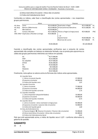 Concurso público para o cargo de Auditor-Fiscal da Receita Federal do Brasil – ESAF / 2009
             PROVA DE CONTABILIDADE GERAL E AVANÇADA – Resolvida e Comentada

       (/) Ativo total (Ativo Circulante + Ativo não-circulante)
       (=) Índice de Endividamento Geral
Conhecidos os índices, cabe fazer a classificação das contas apresentadas – nos respectivos
grupos patrimoniais.
                                 Ativo                                              Passivo
AC-disp    Caixa                                 R$ 10.000,00 Duplicatas a Pagar                   R$ 13.000,00       PC
AC-disp    Bancos c/Movimento                    R$ 22.000,00 Financiamentos Bancários             R$ 31.000,00       PC
AC         Mercadorias                           R$ 30.000,00
AC         Contas a Receber                      R$ 15.000,00 Títulos a Pagar (a longo prazo)      R$ 9.000,00        PNC
ANC-ARLP   Duplicatas a Receber (a longo         R$ 8.000,00
                                                              ---pl
                                                              Capital Social                       R$ 60.000,00       PL
                                                              Reservas de Lucros                   R$ 7.000,00        PL

                                                  R$ 85.000,00                                        R$ 120.000,00


Fazendo a classificação das contas apresentadas verificamos que o conjunto de contas
apresentado não compõe um balanço ou balancete fechado, mas se presta para apurarmos os
saldos dos grupos patrimoniais referentes aos índices em questão.
           AC                                     R$ 77.000,00
           DISP                                   R$ 32.000,00
           AC-LÍQUIDO                             R$ 47.000,00
           ATIVO                                  R$ 85.000,00
           PC                                     R$ 44.000,00
           PNC                                     R$ 9.000,00
           PASSIVO                                R$ 53.000,00
           PL                                     R$ 67.000,00
Finalmente, resta aplicar os valores acima às fórmulas dos índices antes apresentadas.
        A) Liquidez Seca
           ( ) Ativo circulante líquido                                                   47.000,00
           (/) passivo circulante                                                         44.000,00
           (=) índice de liquidez seca                                                         1,07
        B) Liquidez Corrente
           ( ) ativo circulante                                                           77.000,00
           (/) passivo circulante                                                         44.000,00
           (=) índice de liquidez corrente                                                     1,75
        C) Liquidez Imediata
           ( ) ativo disponível (disponibilidades)                                        32.000,00
           (/) passivo circulante                                                         44.000,00
           (=) índice de liquidez imediata                                                     0,73
        D) Liquidez Geral
           ( ) ativo circulante + ativo realizável a longo prazo                          85.000,00
           (/) (passivo circulante + passivo não-circulante)                              53.000,00
           (=) índice de liquidez geral                                                        1,60
        E) Grau de Endividamento
           ( ) Passivo Exigível    (Passivo Circulante + Passivo não-circulante)          53.000,00
           (/) Ativo total (Ativo Circulante + Ativo não-circulante)                      85.000,00
           (=) Índice de Endividamento Geral                                                   0,62
Pelo que está apresentado acima, o índice de liquidez seca é 1,07 – conforme alternativa A,
gabarito da questão.

GABARITO
20     A


Luiz Eduardo Santos                    Contabilidade Decifrada                       Página 45 de 46
 
