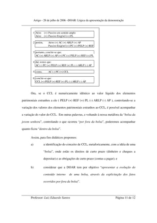 Artigo - 28 de julho de 2006 –DOAR: Lógica da apresentação da demonstração



        1 Ativo     (=) Passivo em sentido amplo
          Ativo     (=) Passivo Exigível (+) PL

        2 porém,        Ativo (=) AC (+) ARLP (+) AP
                        Passivo Exigível (=) PC (+) PELP (+) REF

        3 portanto, conclui-se que:
          AC (+) ARLP (+) AP (=) PC (+) PELP (+) REF (+) PL

        4 daí, temos que:
          AC (-) PC (=) PELP (+) REF (+) PL (-) ARLP (-) AP

        5 como,         AC (-) PC (=) CCL

        6 conclui-se que:
          CCL (=) PELP (+) REF (+) PL (-) ARLP (-) AP



       Ora, se o CCL é numericamente idêntico ao valor líquido dos elementos

patrimoniais estranhos a ele ( PELP (+) REF (+) PL (-) ARLP (-) AP ), controlando-se a

variação dos valores dos elementos patrimoniais estranhos ao CCL, é possível acompanhar

a variação do valor do CCL. Em outras palavras, e voltando à nossa metáfora da “bolsa da

jovem senhora”, controlando o que ocorreu “por fora da bolsa”, poderemos acompanhar

quanto ficou “dentro da bolsa”.

       Assim, para fins didáticos propomos:

       a)           a identificação do conceito de CCL, metaforicamente, com a idéia de uma

                    “bolsa”, onde estão os direitos de curto prazo (dinheiro e cheques a

                    depositar) e as obrigações de curto prazo (contas a pagar); e

       b)           considerar que a DOAR tem por objetivo “apresentar a evolução do

                    conteúdo interno        de uma bolsa, através da explicitação dos fatos

                    ocorridos por fora da bolsa”.




       Professor: Luiz Eduardo Santos                                          Página 11 de 12
 