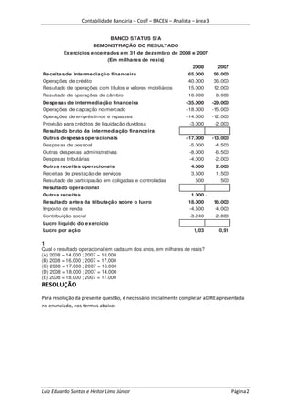 Contabilidade Bancária – Cosif – BACEN – Analista – área 3


                               BANCO STATUS S/A
                       DEMONSTRAÇÃO DO RESULTADO
         Exercícios encerrados em 31 de dezembro de 2008 e 2007
                             (Em milhares de reais)
                                                                    2008         2007
Receitas de intermediação financeira                              65.000       56.000
Operações de crédito                                              40.000       36.000
Resultado de operações com títulos e valores mobiliários          15.000       12.000
Resultado de operações de câmbio                                  10.000        8.000
Despesas de intermediação financeira                             -35.000       -29.000
Operações de captação no mercado                                 -18.000       -15.000
Operações de empréstimos e repasses                              -14.000       -12.000
Provisão para créditos de liquidação duvidosa                     -3.000        -2.000
Resultado bruto da intermediação financeira
Outras despesas operacionais                                     -17.000       -13.000
Despesas de pessoal                                               -5.000        -4.500
Outras despesas administrativas                                   -8.000        -6.500
Despesas tributárias                                              -4.000        -2.000
Outras receitas operacionais                                       4.000        2.000
Receitas de prestação de serviços                                  3.500        1.500
Resultado de participação em coligadas e controladas                 500          500
Resultado operacional
Outras receitas                                                    1.000 -
Resultado antes da tributação sobre o lucro                       18.000       16.000
Imposto de renda                                                  -4.500       -4.000
Contribuição social                                               -3.240        -2.880
Lucro líquido do exercício
Lucro por ação                                                      1,03         0,91

1
Qual o resultado operacional em cada um dos anos, em milhares de reais?
(A) 2008 = 14.000 ; 2007 = 18.000
(B) 2008 = 16.000 ; 2007 = 17.000
(C) 2008 = 17.000 ; 2007 = 16.000
(D) 2008 = 18.000 ; 2007 = 14.000
(E) 2008 = 18.000 ; 2007 = 17.000
RESOLUÇÃO
Para resolução da presente questão, é necessário inicialmente completar a DRE apresentada
no enunciado, nos termos abaixo:




Luiz Eduardo Santos e Heitor Lima Júnior                                                 Página 2
 