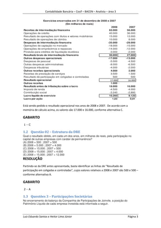 Contabilidade Bancária – Cosif – BACEN – Analista – área 3


                Exercícios encerrados em 31 de dezembro de 2008 e 2007
                                   (Em milhares de reais)
                                                                    2008                2007
Receitas de intermediação financeira                             65.000               56.000
Operações de crédito                                             40.000               36.000
Resultado de operações com títulos e valores mobiliários         15.000               12.000
Resultado de operações de câmbio                                 10.000                8.000
Despesas de intermediação financeira                            -35.000              -29.000
Operações de captação no mercado                                -18.000              -15.000
Operações de empréstimos e repasses                             -14.000              -12.000
Provisão para créditos de liquidação duvidosa                     -3.000              -2.000
Resultado bruto da intermediação financeira                      30.000               27.000
Outras despesas operacionais                                    -17.000              -13.000
Despesas de pessoal                                               -5.000              -4.500
Outras despesas administrativas                                   -8.000              -6.500
Despesas tributárias                                              -4.000              -2.000
Outras receitas operacionais                                       4.000               2.000
Receitas de prestação de serviços                                  3.500               1.500
Resultado de participação em coligadas e controladas                 500                 500
Resultado operacional                                              17.000              16.000
Outras receitas                                                    1.000 -
Resultado antes da tributação sobre o lucro                      18.000              16.000
Imposto de renda                                                  -4.500             -4.000
Contribuição social                                               -3.240             -2.880
Lucro líquido do exercício                                       10.260               9.120
Lucro por ação                                                       1,03              0,91


Está sendo pedido o resultado operacional nos anos de 2008 e 2007. De acordo com a
memória de cálculo acima, os valores são 17.000 e 16.000, conforme alternativa C.

GABARITO
1-C

1.2 Questão 02 – Estrutura da DRE
Qual o resultado obtido, em cada um dos anos, em milhares de reais, pela participação no
capital de outras empresas com caráter de permanência?
(A) 2008 = 500 ; 2007 = 500
(B) 2008 = 5.000 ; 2007 = 4.000
(C) 2008 = 15.000 ; 2007 = 500
(D) 2008 = 15.000 ; 2007 = 4.000
(E) 2008 = 15.000 ; 2007 = 12.000
RESOLUÇÃO
Partindo-se da DRE antes apresentada, basta identificar as linhas de “Resultado de
participação em coligadas e controladas”, cujos valores relativos a 2008 e 2007 são 500 e 500 –
conforme alternativa A.

GABARITO
2-A

1.3 Questões 3 – Participações Societárias
No encerramento do balanço da Companhia de Participações de Joinvile, a posição do
Patrimônio Líquido de cada empresa investida está informada a seguir.



Luiz Eduardo Santos e Heitor Lima Júnior                                              Página 3
 