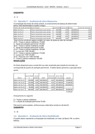 Contabilidade Bancária – Cosif – BACEN – Analista – área 3


GABARITO
4-C

1.5 Questão 5 – Avaliação de ativo financeiro
A composição dos títulos de renda variável, no encerramento do balanço de determinado
banco, está representada no quadro a seguir.
Títul os de re nda va ri á ve l Cl a s s i fi ca çã o                         qua nti da de cus to médi otota l             va l or de me rca do
Açõe s da Ci a A                   Títul os di s poníve i s pa ra ve nda          100.000         3,00         300.000,00                   3,20
Açõe s da Ci a B                   Títul os di s poníve i s pa ra ve nda          150.000         4,00         600.000,00                   4,50
Açõe s da Ci a C                   Títul os di s poníve i s pa ra ve nda          200.000         2,50         500.000,00                   2,00
Açõe s da Ci a D                   Títul os di s poníve i s pa ra ve nda           80.000         4,00         320.000,00                   4,00
Açõe s da Ci a E                   Títul os di s poníve i s pa ra ve nda          400.000         2,00         800.000,00                   2,20
 Qual a forma correta do registro contábil, em reais, do ajuste ao valor de mercado?
(A) D - Títulos e valores mobiliários 175.000
C - Ajuste de avaliação patrimonial 175.000
(B) D - Títulos e valores mobiliários 75.000
C - Ajuste de avaliação patrimonial 75.000
(C) D - Títulos e valores mobiliários 100.000
C - Lucros com TVM 100.000
(D) D - Títulos e valores mobiliários 175.000
C - Lucros com TVM 175.000
(E) D - Prejuízos com TVM 100.000
C - Títulos e valores mobiliários 100.000
RESOLUÇÃO
Os títulos disponíveis para a venda têm seu valor atualizado pela cotação de mercado, em
contrapartida de ajustes de avaliação patrimonial. A tabela abaixo apresenta a apuração desse
ajuste:


                        qua nti da d cus to                          va l or de va l or tota l
       Títul o               e       médi o               tota l     merca do de merca do           a jus te
Ações da Ci a A              100.000        3,00        300.000,00         3,20   320.000,00        20.000,00
Ações da Ci a B              150.000        4,00        600.000,00         4,50   675.000,00        75.000,00
Ações da Ci a C              200.000        2,50        500.000,00         2,00   400.000,00 - 100.000,00
Ações da Ci a D                80.000       4,00        320.000,00         4,00   320.000,00               -
Ações da Ci a E              400.000        2,00        800.000,00         2,20   880.000,00        80.000,00
                                                                                                    75.000,00

O lançamento é o seguinte:

D = Títulos e valores mobiliários
C = a Ajuste de avaliação patrimonial 75.000

Pelo que foi acima exposto, verifica-se que a alternativa correta é a de letra B.
GABARITO
5-B

1.6 Questão 6 – Avaliação do Ativo Imobilizado
O quadro abaixo representa a composição do Imobilizado, em reais, do Banco TW, no último
balanço.



Luiz Eduardo Santos e Heitor Lima Júnior                                                                             Página 7
 