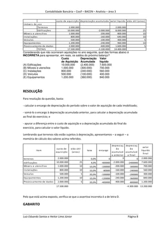 Contabilidade Bancária – Cosif – BACEN – Analista – área 3


                                 cus to de a qui s i çã o depreci a çã o a cumul a da va l or l íqui do vi da úti l (a nos )
Imóvei s de us o
                Terrenos                           2.000.000 -                                 2.000.000
                Edi fi ca ções                    10.000.000                    -2.000.000     8.000.000                 25
Móvei s e utens íl i os                            1.000.000                      -200.000       800.000                 10
Ins ta l a ções                                      800.000                      -160.000       640.000                 10
Veícul os                                            500.000                      -100.000       400.000                  5
Equi pa mentos                                     1.200.000                      -240.000       960.000                 10
Proces s a mento de da dos                         2.000.000                      -400.000     1.600.000                  5
                TOTAIS                            17.500.000                    -3.100.000    14.400.000
Considerando que não ocorreram aquisições no ano seguinte, qual das formas abaixo é
INCORRETA para apresentar, em reais, os saldos do próximo balanço?
                             Custo          Depreciação Valor
                             de Aquisição Acumulada         líquido
(A) Edificações              10.000.000     (2.400.000)     7.600.000
(B) Móveis e utensílios      1.000.000      (300.000)       700.000
(C) Instalações              800.000        (240.000)       560.000
(D) Veículos                 500.000        (100.000)       400.000
(E) Equipamentos             1.200.000      (360.000)       840.000




RESOLUÇÃO
Para resolução da questão, basta:

- calcular o encargo de depreciação do período sobre o valor de aquisição de cada imobilizado;

- somá-lo o encargo à depreciação acumulada anterior, para calcular a depreciação acumulada
ao final do exercício; e

- apurar a diferença entre o custo de aquisição e a depreciação acumulada do final do
exercício, para calcular o valor líquido.

Lembrando que terrenos não estão sujeitos à depreciação, apresentamos – a seguir – a
memória de cálculo dos valores acima referidos.

                                                                                           depre ci a ç depre ci a ç
                                                                                                                           va l or
                                  cus to de         vi da úti l                                ão           ão
             i tem                                                    ta xa     enca rgo                                l íqui do
                                 a qui s i çã o      (a nos )                              a cumul a d a cumul a d
                                                                                                                           fi na l
                                                                                           a a nteri or  a fi na l
terrenos                           2.000.000                             0,0%            0            0            0    2.000.000
edi fi ca ções                   10.000.000                   25         4,0%     -400000 -2.000.000      -2400000      7.600.000
Móvei s e utens íl i os            1.000.000                  10        10,0%     -100000     -200.000       -300000      700.000
Ins ta l a ções                      800.000                  10        10,0%       -80000    -160.000       -240000      560.000
Veícul os                            500.000                      5     20,0%     -100000     -100.000       -200000      300.000
Equi pa mentos                     1.200.000                  10        10,0%     -120000     -240.000       -360000      840.000
Proces s a mento de da dos         2.000.000                      5     20,0%     -400000     -400.000       -800000    1.200.000
                                 17.500.000                                                                -4.300.000 13.200.000



Pelo que está acima exposto, verifica-se que a assertiva incorreta é a de letra D.

GABARITO


Luiz Eduardo Santos e Heitor Lima Júnior                                                                   Página 8
 