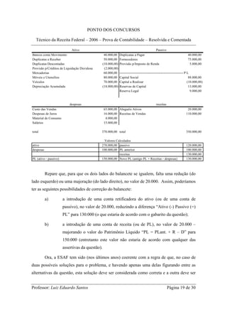 PONTO DOS CONCURSOS

   Técnico da Receita Federal – 2006 – Prova de Contabilidade – Resolvida e Comentada

                            Ativo                                                       Passivo
Bancos conta Movimento                            40.000,00    Duplicatas a Pagar                                        40.000,00
Duplicatas a Receber                              50.000,00    Fornecedores                                              75.000,00
Duplicatas Descontadas                           (10.000,00)   Provisão p/Imposto de Renda                                5.000,00
Provisão p/Créditos de Liquidação Duvidosa        (2.000,00)
Mercadorias                                       60.000,00    --------------------------------------------------------- P L
Móveis e Utensílios                               80.000,00    Capital Social                                               88.000,00
Veículos                                          70.000,00    Capital a Realizar                                          (10.000,00)
Depreciação Acumulada                            (18.000,00)   Reservas de Capital                                          13.000,00
                                                               Reserva Legal                                                 9.000,00



                           despesas                                                           receitas
Custo das Vendas                                 65.000,00 Aluguéis Ativos                                               20.000,00
Despesas de Juros                                16.000,00 Receitas de Vendas                                           110.000,00
Material de Consumo                               4.000,00
Salários                                         15.000,00

total                                        370.000,00 total                                                           350.000,00

                                               Valores Calculados
ativo                                        270.000,00 passivo                                                         120.000,00
despesas                                     100.000,00 PL anterior                                                     100.000,00
                                                         receitas                                                       130.000,00
PL (ativo - passivo)                         150.000,00 Novo PL (antigo PL + Receitas - despesas)                       130.000,00



           Repare que, para que os dois lados do balancete se igualem, falta uma redução (do
lado esquerdo) ou uma majoração (do lado direito), no valor de 20.000. Assim, poderíamos
ter as seguintes possibilidades de correção do balancete:

           a)          a introdução de uma conta retificadora do ativo (ou de uma conta de
                       passivo), no valor de 20.000, reduzindo a diferença “Ativo (-) Passivo (=)
                       PL” para 130.000 (o que estaria de acordo com o gabarito da questão);

           b)          a introdução de uma conta de receita (ou de PL), no valor de 20.000 –
                       majorando o valor do Patrimônio Líquido “PL = PLant. + R – D” para
                       150.000 (entretanto este valor não estaria de acordo com qualquer das
                       assertivas da questão).

           Ora, a ESAF tem sido (nos últimos anos) coerente com a regra de que, no caso de
duas possíveis soluções para o problema, e havendo apenas uma delas figurando entre as
alternativas da questão, esta solução deve ser considerada como correta e a outra deve ser


Professor: Luiz Eduardo Santos                                                                           Página 19 de 30
 