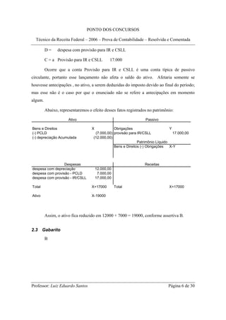 PONTO DOS CONCURSOS

  Técnico da Receita Federal – 2006 – Prova de Contabilidade – Resolvida e Comentada

         D=     despesa com provisão para IR e CSLL

         C = a Provisão para IR e CSLL         17.000

         Ocorre que a conta Provisão para IR e CSLL é uma conta típica de passivo
circulante, portanto esse lançamento não afeta o saldo do ativo. Afetaria somente se
houvesse antecipações , no ativo, a serem deduzidas do imposto devido ao final do período;
mas esse não é o caso por que o enunciado não se refere a antecipações em momento
algum.

         Abaixo, representaremos o efeito desses fatos registrados no patrimônio:

                      Ativo                                       Passivo

Bens e Direitos                    X            Obrigações                       Y
(-) PCLD                             (7.000,00) provisão para IR/CSLL              17.000,00
(-) depreciação Acumulada           (12.000,00)
                                                              Patrimônio Líquido
                                                Bens e Direitos (-) Obrigações   X-Y



                  Despesas                                        Receitas
despesa com depreciação                12.000,00
despesa com provisão - PCLD             7.000,00
despesa com provisão - IR/CSLL         17.000,00

Total                              X+17000         Total                        X+17000

Ativo                              X-19000




         Assim, o ativo fica reduzido em 12000 + 7000 = 19000, conforme assertiva B.


2.3     Gabarito
         B




Professor: Luiz Eduardo Santos                                                  Página 6 de 30
 