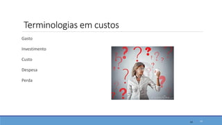 14
Terminologias em custos
Gasto
Investimento
Custo
Despesa
Perda
14
 