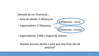 Exemplo de um Churrasco...
Quantas pessoas devem ir para que essa festa não dê
prejuízo?
Conceito de Margem
de Contribuição
– festa de adesão: $ 40/pessoa
– organizadores: $ 30/pessoa
$10/pessoa - carne
$20/pessoa - cerveja
– organizadores: $ 800 / aluguel da chácara
34
 