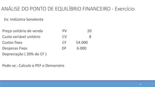 ANÁLISE DO PONTO DE EQUILÍBRIO FINANCEIRO - Exercício
Ex: Indústria Sonolenta
Preço unitário de venda PV 20
Custo variável unitário CV 8
Custos fixos CF 54.000
Despesas Fixas DF 6.000
Depreciação ( 20% do CF )
Pede-se.: Calcule o PEF e Demonstre
52
 