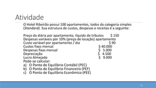 O Hotel Ribeirão possui 100 apartamentos, todos da categoria simples
(Standard). Sua estrutura de custos, despesas e receitas é a seguinte:
Preço da diária por apartamento, líquido de tributos $ 150
Despesas variáveis por 10% (preço de locação) apartamento
Custo variável por apartamento / dia $ 90
Custos fixos mensal $ 40.000
Despesas fixas mensal $ 5.000
Depreciação $ 4.500
Lucro Almejado $ 9.000
Pede-se calcular:
a) O Ponto de Equilíbrio Contábil (PEC)
b) O Ponto de Equilíbrio Financeiro (PEF)
c) O Ponto de Equilíbrio Econômico (PEE)
Atividade
59
 