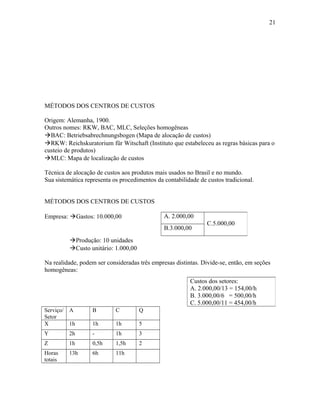 21

MÉTODOS DOS CENTROS DE CUSTOS
Origem: Alemanha, 1900.
Outros nomes: RKW, BAC, MLC, Seleções homogêneas
BAC: Betriebsabrechnungsbogen (Mapa de alocação de custos)
RKW: Reichskuratorium für Witschaft (Instituto que estabeleceu as regras básicas para o
custeio de produtos)
MLC: Mapa de localização de custos
Técnica de alocação de custos aos produtos mais usados no Brasil e no mundo.
Sua sistemática representa os procedimentos da contabilidade de custos tradicional.
MÉTODOS DOS CENTROS DE CUSTOS
A. 2.000,00

Empresa: Gastos: 10.000,00

B.3.000,00

C.5.000,00

Produção: 10 unidades
Custo unitário: 1.000,00
Na realidade, podem ser consideradas três empresas distintas. Divide-se, então, em seções
homogêneas:
Custos dos setores:
A. 2.000,00/13 = 154,00/h
B. 3.000,00/6 = 500,00/h
C. 5.000,00/11 = 454,00/h
Serviço/ A
Setor
X
1h

B

C

Q

1h

1h

5

Y

2h

-

1h

3

Z

1h

0,5h

1,5h

2

Horas
totais

13h

6h

11h

 