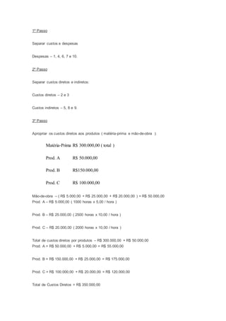 1º Passo
Separar custos e despesas
Despesas – 1, 4, 6, 7 e 10.
2º Passo
Separar custos diretos e indiretos:
Custos diretos – 2 e 3
Custos indiretos – 5, 8 e 9.
3º Passo
Apropriar os custos diretos aos produtos ( matéria-prima e mão-de-obra ):
Matéria-Prima R$ 300.000,00 ( total )
Prod. A R$ 50.000,00
Prod. B R$150.000,00
Prod. C R$ 100.000,00
Mão-de-obra – ( R$ 5.000,00 + R$ 25.000,00 + R$ 20.000,00 ) = R$ 50.000,00
Prod. A – R$ 5.000,00 ( 1000 horas x 5,00 / hora )
Prod. B – R$ 25.000,00 ( 2500 horas x 10,00 / hora )
Prod. C – R$ 20.000,00 ( 2000 horas x 10,00 / hora )
Total de custos diretos por produtos – R$ 300.000,00 + R$ 50.000,00
Prod. A = R$ 50.000,00 + R$ 5.000,00 = R$ 55.000,00
Prod. B = R$ 150.000,00 + R$ 25.000,00 = R$ 175.000,00
Prod. C = R$ 100.000,00 + R$ 20.000,00 = R$ 120.000,00
Total de Custos Diretos = R$ 350.000,00
 