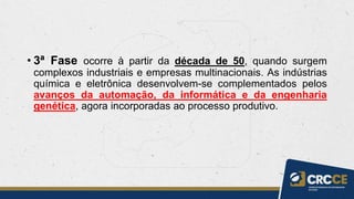 • 3ª Fase ocorre à partir da década de 50, quando surgem
complexos industriais e empresas multinacionais. As indústrias
química e eletrônica desenvolvem-se complementados pelos
avanços da automação, da informática e da engenharia
genética, agora incorporadas ao processo produtivo.
 