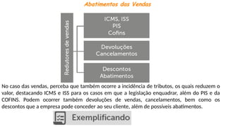 Abatimentos das Vendas
No caso das vendas, perceba que também ocorre a incidência de tributos, os quais reduzem o
valor, destacando ICMS e ISS para os casos em que a legislação enquadrar, além do PIS e da
COFINS. Podem ocorrer também devoluções de vendas, cancelamentos, bem como os
descontos que a empresa pode conceder ao seu cliente, além de possíveis abatimentos.
 