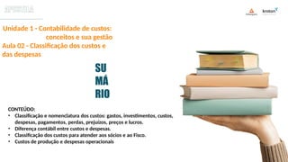 Unidade 1 - Contabilidade de custos:
conceitos e sua gestão
Aula 02 - Classificação dos custos e
das despesas
SU
MÁ
RIO
CONTEÚDO:
• Classificação e nomenclatura dos custos: gastos, investimentos, custos,
despesas, pagamentos, perdas, prejuízos, preços e lucros.
• Diferença contábil entre custos e despesas.
• Classificação dos custos para atender aos sócios e ao Fisco.
• Custos de produção e despesas operacionais
 