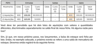 Você deve ter percebido que há dois lotes de aquisições com valores e quantidades
diferentes, discriminados separadamente no saldo final de nossa ficha. Há alguma razão para
isso?
Sim, já que, em nosso próximo passo, nos lançamentos, a baixa do estoque será feita por
lote. Então, no exemplo colocado, o próximo evento se refere a uma saída de mercadoria do
estoque. Devemos então registrá-lo da seguinte forma:
 