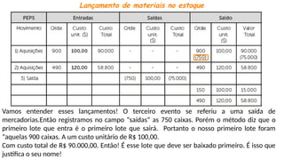 Lançamento de materiais no estoque
Vamos entender esses lançamentos! O terceiro evento se referiu a uma saída de
mercadorias.Então registramos no campo “saídas” as 750 caixas. Porém o método diz que o
primeiro lote que entra é o primeiro lote que sairá. Portanto o nosso primeiro lote foram
“aquelas 900 caixas. A um custo unitário de R$ 100,00.
Com custo total de R$ 90.000,00. Então! É esse lote que deve ser baixado primeiro. É isso que
justifica o seu nome!
 