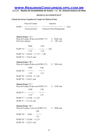 www.ResumosConcursos.hpg.com.br
Apostila: Noções de Contabilidade de Custos – por Dr. Antonio Gustavo da Mota

RESOLUÇÃO EXERCÍCIO 07
Cálculo dos Preços Líquidos de Compra de Matéria Prima

PLMP =

Preço de Compra
________________

Impostos
_______________________

-

+ Frete
Financeira Prazo Recuperação

Financeira Prazo

Matéria Prima " A "
Preço de Compra 30 dias com ICMS 17 %
Frete até à empresa

PLMP "A" =

50,00
_______ 1,10

$
$

50,00 /und
1,00 / und

8,50
_______ + 1,00
1,10

PLMP "A" = $ 45,45 - $ 7,73 + 1,00
PLMP "A" = $ 38,72 /und
Matéria Prima " B "
Preço de Compra 60 dias com ICMS 12 %

PLMP "B" =

70,00
_______
1,10

-

$

70,00 /und

$

15,00 /und

$

70,00 /und

8,40
_______

2

1,10

PLMP "B" = $ 57,85 - $ 7,64
PLMP "B" = $ 50,21 /und
Matéria Prima " C "
Preço de Compra 45 dias com ICMS 12 %
PLMP "C" =

15,00
_______
1,10

-

1,80
_______

1,5

1,10

PLMP "C" = $ 13,00 - $ 1,64
PLMP "C" = $ 11,36 /und
Matéria Prima " D "
Preço de Compra a vista com ICMS 12 %
3,00
______

PLMP "D" = 25,00 -

1,10
PLMP "D" = $ 25,00 - $ 2,73
PLMP "D" = $ 22,27 /und

62

 
