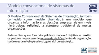 Modelo convencional de sistemas de
informação
O Modelo Convencional de Sistemas de Informação, também
conhecido como modelo piramidal, é um modelo que
organiza a informação e as decisões empresariais em níveis
hierárquicos, refletindo a estrutura tradicional de muitas
organizações
Pode-se dizer que o foco principal deste modelo é objetivar ou auxiliar
os gestores no processo de tomada de decisões dentro da organização,
sendo eles de nível operacional, gerencial ou estratégico.
 