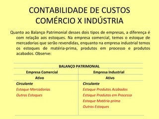 CONTABILIDADE DE CUSTOS
COMÉRCIO X INDÚSTRIA
Quanto ao Balanço Patrimonial desses dois tipos de empresas, a diferença é
com relação aos estoques. Na empresa comercial, temos o estoque de
mercadorias que serão revendidas, enquanto na empresa industrial temos
os estoques de matéria-prima, produtos em processo e produtos
acabados. Observe:
BALANÇO PATRIMONIAL
Empresa Comercial Empresa Industrial
Ativo Ativo
Circulante Circulante
Estoque Mercadorias Estoque Produtos Acabados
Outros Estoques Estoque Produtos em Processo
Estoque Matéria-prima
Outros Estoques
 