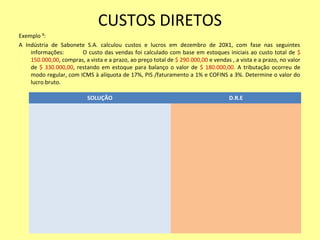 CUSTOS DIRETOS
Exemplo ³:
A Indústria de Sabonete S.A. calculou custos e lucros em dezembro de 20X1, com fase nas seguintes
informações: O custo das vendas foi calculado com base em estoques iniciais ao custo total de $
150.000,00, compras, a vista e a prazo, ao preço total de $ 290.000,00 e vendas , a vista e a prazo, no valor
de $ 330.000,00, restando em estoque para balanço o valor de $ 180.000,00. A tributação ocorreu de
modo regular, com ICMS à alíquota de 17%, PIS /faturamento a 1% e COFINS a 3%. Determine o valor do
lucro bruto.
SOLUÇÃO D.R.E
 