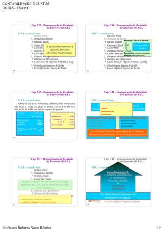 CONTABILIDADE E CUSTOS
UNIDA - ESAMC
Professor: Roberto Name Ribeiro 19
109
Cap. VII – Demonstração do Resultado
do Exercício (D.R.E.)
D.R.E. e suas Contas
Receitas Bruta
(-) Deduções da Receita
= Receita Líquida
(-) Custos das Vendas
= Lucro Bruto
(-) Despesas Operacionais
= Lucro Operacional
(-) Despesas não Operacionais
+ Receitas não Operacionais
= Lucro Antes do Imposto de Renda (LAIR)
(-) Provisão para Imposto de Renda
= Lucro Depois do Imposto de Renda
A Receita Bruta representa a
somatória dos valores
das Notas Fiscais emitidas
110
Receitas Bruta
(-) Deduções da Receita
= Receita Líquida
(-) Custos das Vendas
= Lucro Bruto
(-) Despesas Operacionais
= Lucro Operacional
(-) Despesas não Operacionais
+ Receitas não Operacionais
= Lucro Antes do Imposto de Renda (LAIR)
(-) Provisão para Imposto de Renda
= Lucro Depois do Imposto de Renda
Impostos e Taxas s/ Vendas
. IPI
. ICMS
. ISS
. PIS
. COFINS
Devoluções (vendas canceladas)
Abatimentos (descontos)
O fato gerador é
a Receita
Cap. VII – Demonstração do Resultado
do Exercício (D.R.E.)
D.R.E. e suas Contas
111
Cap. VII – Demonstração do Resultado
do Exercício (D.R.E.)
D.R.E. e suas Contas
Admita-se que a Cia. Balanceada, indústria, tenha emitido uma
nota fiscal de venda cujo preço do produto seja de $ 10.000 mais
30% de IPI. O ICMS está incluso no preço do produto:
Nota Fiscal___ ______ Cia. Balanceada
____________ ______ R.......................
____________ _____ S/P - São Paulo
Preço do Produto 10.000
+ IPI (30%) 3.000
Preço Total 13.000
ICMS incluso no Preço 18% x
$ 10.000 = $ 1.800
____________ _____________
DRE - Cia. Balanceada
Receita Bruta $ 13.000
(-) Deduções IPI  $ (3.000)
ICMS  $ (1.800)
Receita Líquida $ 8.200
112
Receitas Bruta
(-) Deduções da Receita
= Receita Líquida
(-) Custos das Vendas
= Lucro Bruto
(-) Despesas Operacionais
= Lucro Operacional
(-) Despesas não Operacionais
+ Receitas não Operacionais
= Lucro Antes do Imposto de Renda (LAIR)
(-) Provisão para Imposto de Renda
= Lucro Depois do Imposto de Renda
Despesas Operacionais são os gastos incorridos
para: vender, administrar e financiar as operações.
Custos das Vendas representam os gastos de
“produção” apropriados aos produtos ou serviços vendidos.
Despesas Operacionais
. Vendas
. Administrativas
. Financeiras
Despesas Financeiras
. Juros incorridos (pagos ou não)
. Juros de mora pagos
. Descontos concedidos
. Comissões bancárias
. Correção monetária sobre empréstimos
. CPMF
. .......
Receitas Financeiras
. Aplicações financeiras
. Juros de mora recebido
. Descontos obtidos
. .......
Se as Receitas Financeiras forem maiores que as Despesas
Financeiras, o saldo reduzirá a conta de Despesas Operacionais
Cap. VII – Demonstração do Resultado
do Exercício (D.R.E.)
D.R.E. e suas Contas
113
Receitas Bruta
(-) Deduções da Receita
= Receita Líquida
(-) Custos das Vendas
= Lucro Bruto
(-) Despesas Operacionais
= Lucro Operacional
(-) Despesas não Operacionais
+ Receitas não Operacionais
= Lucro Antes do Imposto de Renda (LAIR)
(-) Provisão para Imposto de Renda
= Lucro Depois do Imposto de Renda
Despesas e Receitas não Operacionais são variações
registradas na D.R.E., que não fazem parte do objeto
Social da Empresa
Ganhos ou Perdas ocorridos com venda de Permanentes:
• venda de ações (com lucro ou prejuízo);
• venda de imobilizados (com lucro ou prejuízo
Cap. VII – Demonstração do Resultado
do Exercício (D.R.E.)
D.R.E. e suas Contas
114
Receitas Bruta
(-) Deduções da Receita
= Receita Líquida
(-) Custos das Vendas
= Lucro Bruto
(-) Despesas Operacionais
= Lucro Operacional
(-) Despesas não Operacionais
+ Receitas não Operacionais
= Lucro Antes do Imposto de Renda (LAIR)
(-) Provisão para Imposto de Renda
= Lucro Depois do Imposto de Renda
D.R.E. e suas Contas
Lucro Depois do I.R.
(-) Doações e Contribuições
(-) Participações
= LUCRO LÍQUIDO

RETENÇÕES
DIVIDENDOS
É a sobra líquida à disposição dos
proprietários da empresa.
Cap. VII – Demonstração do Resultado
do Exercício (D.R.E.)
 
