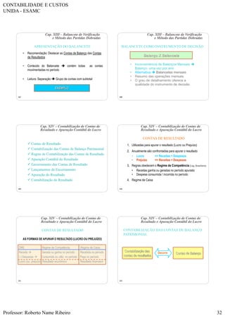 CONTABILIDADE E CUSTOS
UNIDA - ESAMC
Professor: Roberto Name Ribeiro 32
187
• Recomendação: Destacar as Contas de Balanço das Contas
de Resultados
APRESENTAÇÃO DO BALANCETE
• Conteúdo do Balancete  contém todas as contas
movimentadas no período
• Leitura: Separação  Grupo de contas com subtotal
EXEMPLO
Cap. XIII – Balancete de Verificação
e Método das Partidas Dobradas
188
• Inconveniência de Balanços Mensais 
Balanço: uma vez por ano
• Alternativa  Balancetes mensais
• Resumo das operações mensais
• O grau de detalhamento oferece a
qualidade do instrumento de decisão
BALANCETE COMO INSTRUMENTO DE DECISÃO
Balanço X Balancete
Cap. XIII – Balancete de Verificação
e Método das Partidas Dobradas
189
Cap. XIV – Contabilização de Contas de
Resultado e Apuração Contábil do Lucro
 Contas de Resultado
 Contabilização das Contas de Balanço Patrimonial
 Regras de Contabilização das Contas de Resultado
 Apuração Contábil do Resultado
 Encerramento das Contas de Resultado
 Lançamentos de Encerramento
 Apuração do Resultado
 Contabilização do Resultado
190
1. Utilizadas para apurar o resultado (Lucro ou Prejuízo)
2. Anualmente são confrontadas para apurar o resultado
• Lucro => Receitas > Despesas
• Prejuízo => Receitas < Despesas
3. Regras obedecem o Regime de Competência (Leg. Brasilieira)
• Receitas ganha ou geradas no período apurado
• Despesa consumida / incorrida no período
4. Regime de Caixa
Cap. XIV – Contabilização de Contas de
Resultado e Apuração Contábil do Lucro
CONTAS DE RESULTADO
191
Cap. XIV – Contabilização de Contas de
Resultado e Apuração Contábil do Lucro
CONTAS DE RESULTADO
AS FORMAS DE APURAR O RESULTADO (LUCRO OU PREJUÍZO)
DRE Regime de Competência Regime de Caixa
Receita  Gerada ou ganha no período Recebida no período
(-) Despesas  Consumida ou utiliz. no período Paga no período
Lucro (ou prejuízo) Resultado econômico Resultado financeiro
192
CONTABILIZAÇÃO DAS CONTAS DE BALANÇO
PATRIMONIAL
Contabilização das
contas de resultados
Contas de Balanço
Cap. XIV – Contabilização de Contas de
Resultado e Apuração Contábil do Lucro
Decorre
 